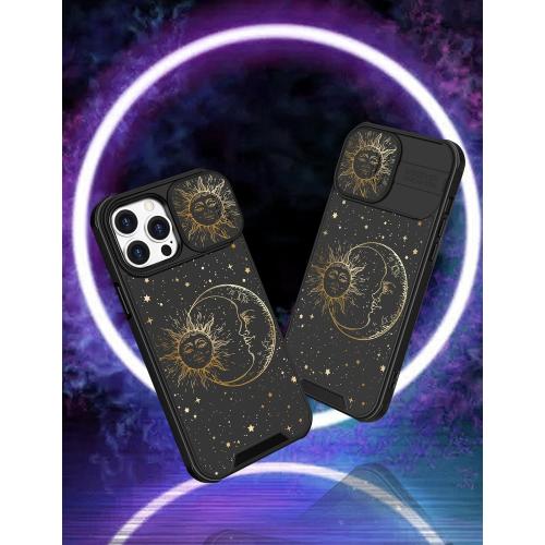 (2in1 for iPhone 14 Pro Max Case Sun and Moon Stars for Women Cute Space Phone Cover with Slide Camera Cover Protective Fashion Golden Print Design Black Cases for 14 ProMax 6.7''