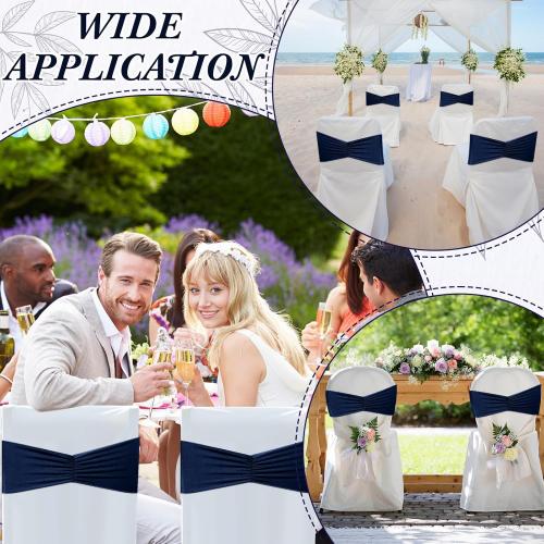Moukeren 150 Pcs Spandex Chair Sashes Bows Bands Chair Covers Decorations Elastic Ribbon Seat Ties for Wedding Birthday Party Banquet Hotel Events Ceremony(Navy Blue)