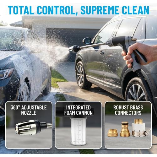 High Pressure Hose Nozzle with 4 Spray Modes, Adjustable Water Spray Gun, Metal Garden Hose Sprayer for Car Wash, Plant Watering, Patio & Outdoor Cleaning (Sprayer Kit with 3 Connectors & Foam Cannon)