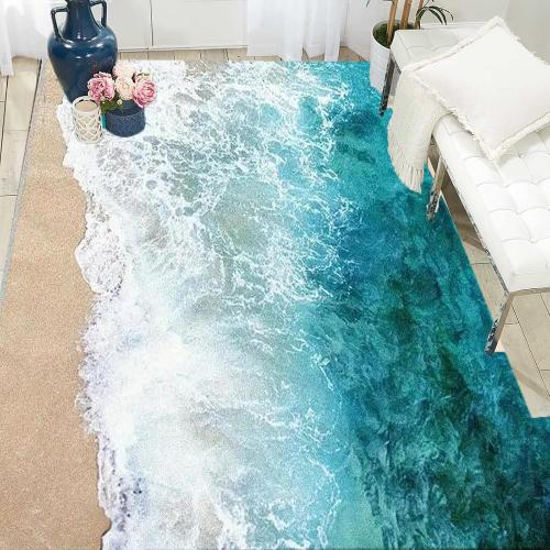 3D Visual Blue Ocean Waves Rug, Large Sea Wave Area Rugs for Bedroom, Cute Beach Design Carpet Non-Slip Sofa Mat (Ocean Waves)