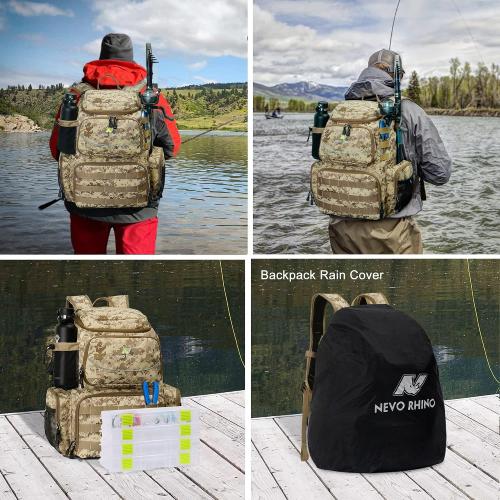N NEVO RHINO Fishing Tackle Backpack with Rod Holders, 40L Large Fishing Bag with Waterproof Rain Cover,Outdoor Tackle Bag