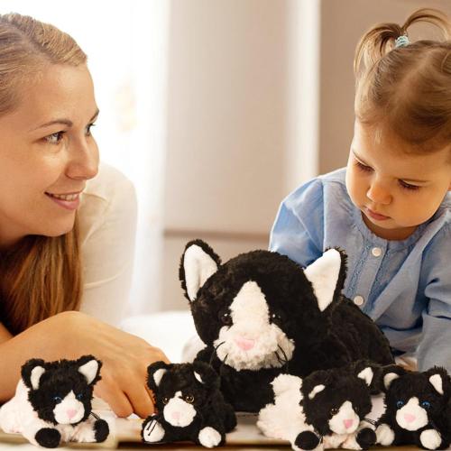 IKASA Mommy Cat Stuffed Animal Mom and Baby Plush Toy,Cute 16 Soft Cuddly Huggable Toys with Little Mini Babies Kitten,Gifts for Kids Girls Boys