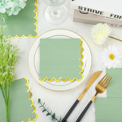 Sage Green Cocktail Napkins 5 x 5 Inch Sage Green Scalloped Paper Napkin Disposable Gold Foil Dessert Beverage Napkins for Dinner Wedding Bridal Baby Shower Anniversary Birthday Party