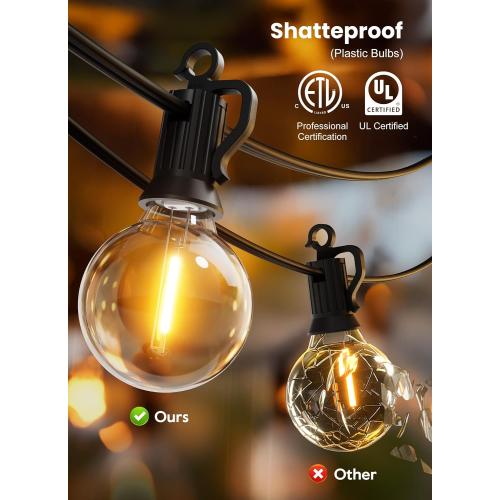Outdoor String Lights, 50FT 52 LED Bulbs Connectable Patio Lights (2 Spare) | G40 Outside Vintage Hanging Light for Backyard Bistro Balcony Porch Christmas Party Wedding, E12, 2200K, Black