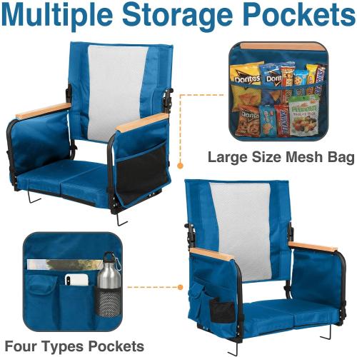 behairity Extra Wide Stadium Seats with Back Support, Bleacher Chairs with High Back and Cushion, Padded Portable Fording Bleacher Seat with Armrests, Cup Holder and Storage Pockets (Blue)