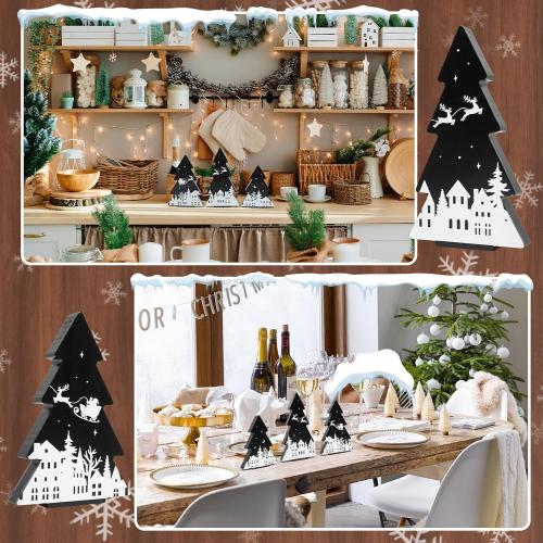 3 Pieces Christmas Tree Wooden Signs Black White Xmas Tiered Tray Decor for Christmas Home Tabletop Party Decor (Black)