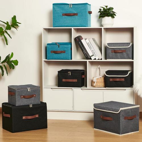 Storage Bins with Lid Fabric Storage Box Basket PU Leather Handle Textured Woven Cotton Linen Decorative Foldable Washable Shelf Closet Organizer Container (Flip-top Lid, Gray, Small)