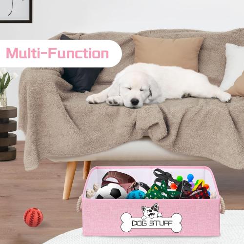 Collapsible Fabric Dog Toy Box and Storage Bin With Handle - Trapezoid Basket Chest Organizer for Pet Toys, Blankets and Accessories, Pink