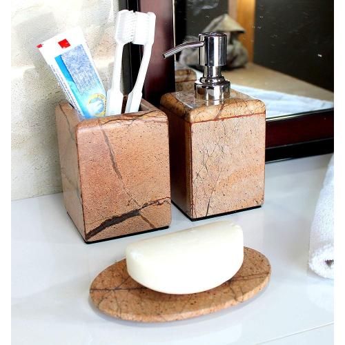 Bathroom Accessory Set Made from Natural Brown/Sand Stone - Bath Accessories Set of 3 Includes Soap Dispenser, Utility and Soap Dish