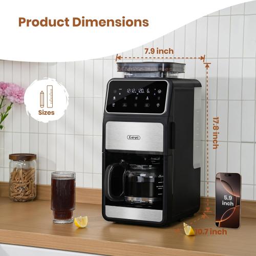 Gevi 10 Cup Drip Coffee Maker with Built-in Grinder, Grind ＆ Brew Burr Combo Coffee Machine with Touch Screen, Programmable, 4-Hour Warm Plate, Permanent Filter, Coffee Carafe