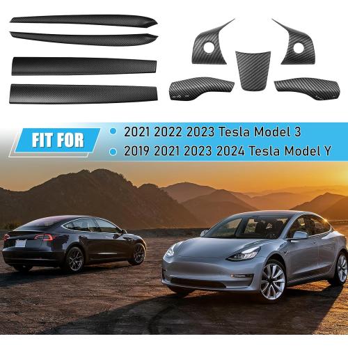 9PCS Dashboard Trim Cover and Door Trim Panel, Steering Lever Cover and Steering Wheel Trim Cover Compatible with Tesla Model 3 (2021-2023) Model Y (2019-2024) Interior (Matte Carbon Fiber Pattern)
