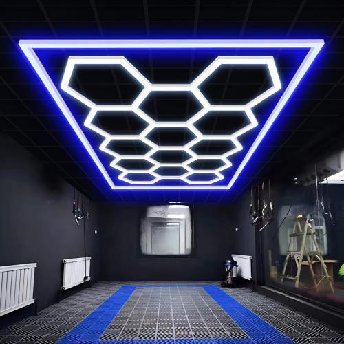 Large Hexagon Garage Lights 14 Hex LED Higher Brightness Lights with Blue Light Rectangle Frame Octagon Honeycomb Lighting for Garage Car Detailing Barber Shop Gym Warehouses.