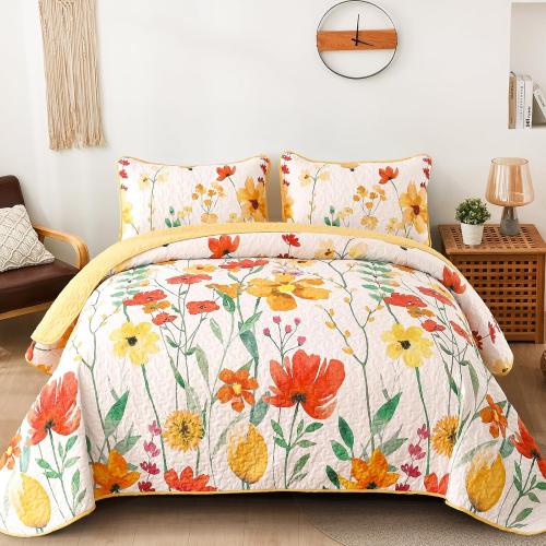Anibedding Quilt Set Queen Size, Yellow Floral Reversible Bedspread Soft Microfiber Lightweight Queen Size Quilt Bedding Sets Reversible Coverlet for All Season(Queen, 96x90)