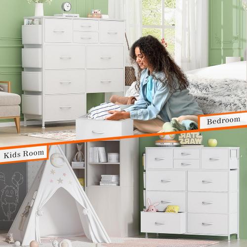 Lulive White Dresser for Bedroom with 10 Drawers, Chest of Drawers with Side Pockets and Hooks, PU Storage Dresser, Organizer Unit for Living Room, Hallway, Closet (White)