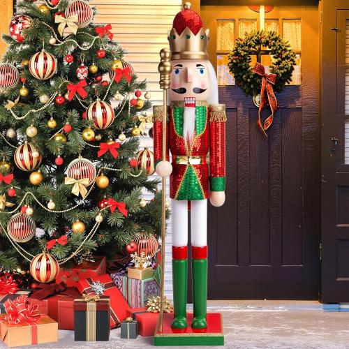 AMOR PRESENT 2.9Ft Christmas Nutcracker Figure, Large Shiny Wooden Nutcracker for Christmas Tree Front Door Hotel Decorations