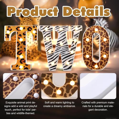 Two Safari Wild Birthday Decorations for 2 Year Old Girl and Boy,Light Up Letters Two Sign for 2nd Birthday Centerpiece Table Decorations,Jungle Animal Party Supplies Backdrop Wall Decor