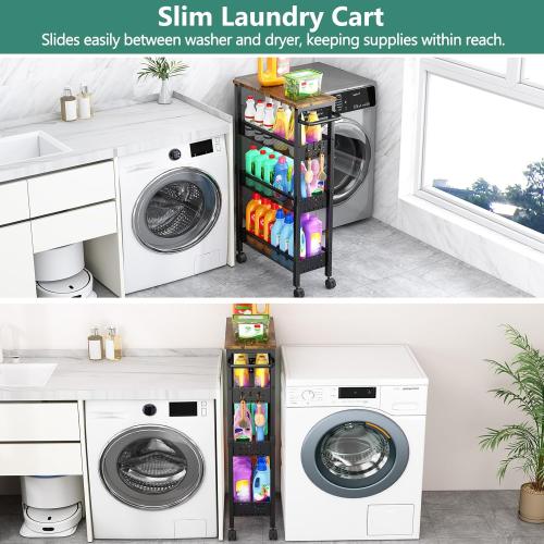 Utility Slim Storage Cart with Wheels, 4 Tier Small Rolling Cart with Wood Top, Metal Kitchen Bathroom Laundry Room Organization Trolley with Handle for Narrow Space – Black