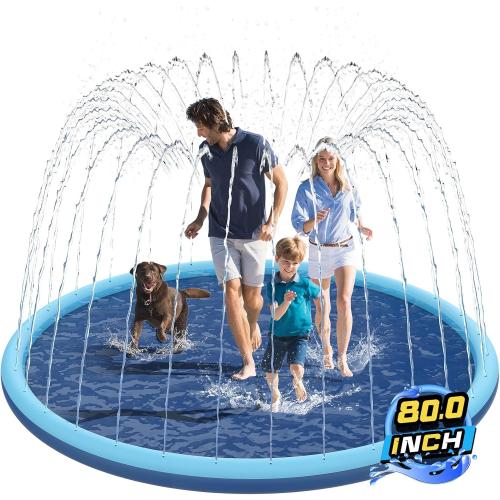 Non-Slip Splash Pad for Kids and Dog, 80 Extra Large Baby Play Mat, Dog Pool Toys, Thicken Sprinkler Pool Summer Outdoor Water Toys for Ages 3-12 Boys Girls, Parent-Kids &Games Fun Backyard (Blue)