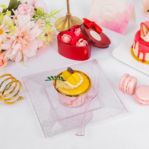 200 Pcs Pink Dessert Plates Including 100Pcs Appetizer plates 6'',100Pcs Plastic Forks 5.7'',Rose Glitter Plastic Square Plate for Wedding,Pink Salad plates and Cake forks for Birthday Party