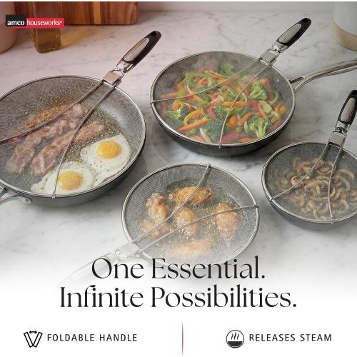 Amco 13 Splatter Screen with Foldable Handles - Stainless Steel Odor Absorber, Dishwasher Safe Versatile Kitchen Tool for Pans of All Sizes - Prevents Messy Splatters