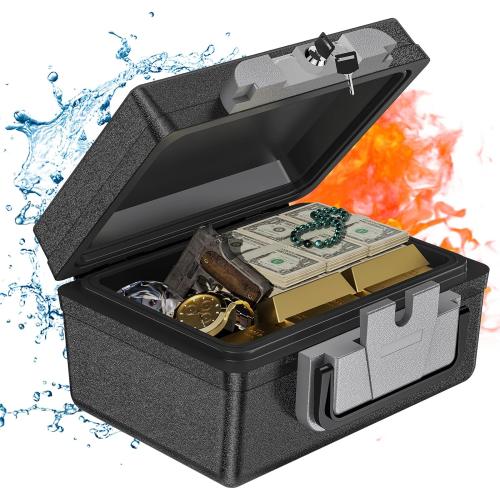 WASJOYE Fireproof Waterproof Safe Box  Fireproof Safe with Key Lock, Portable Safe Box for Home Car Business Office Outdoor Documents Money Passport Cash Jewellery Valuables Storage