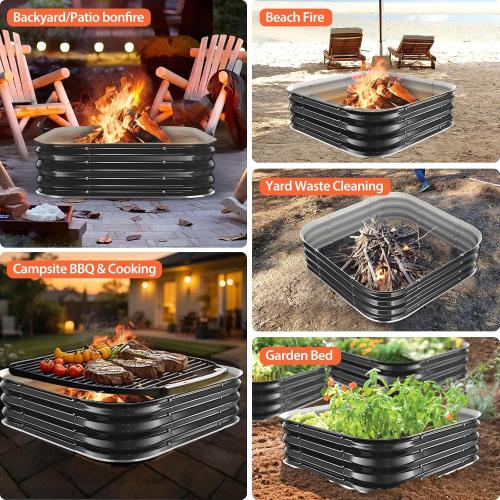 Fire Pit Ring,48in Large Heavy Duty Square Firepit for Outside,11'' Tall Galvanized Steel Bonfire Pits,Wood Burning Outdoor Fireplaces,Portable for Backyard,Camping,Patio,Beach