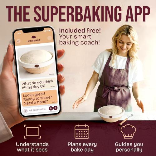 Superbaking Banneton Bread Proofing Basket, Sourdough Bread Baking Supplies, Round 9 Inch Sourdough Starter Kit, Proofing Basket for Baking, Bread Making Supplies Tools, Banneton Basket Gift Set