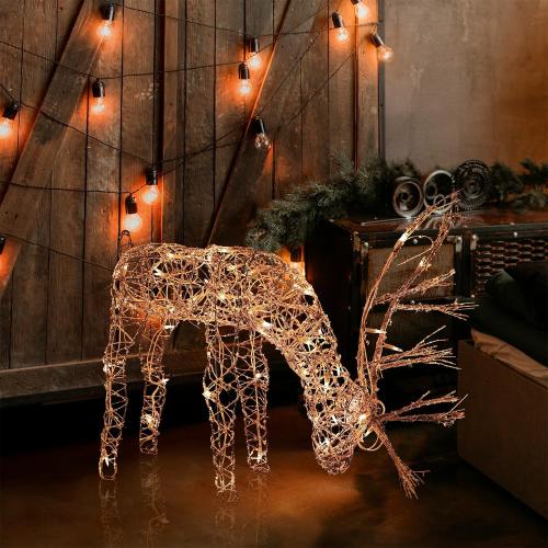 Alpine Corporation 24H Outdoor Rattan Grazing Reindeer Lawn Decoration with White Lights , Christmas Decoration