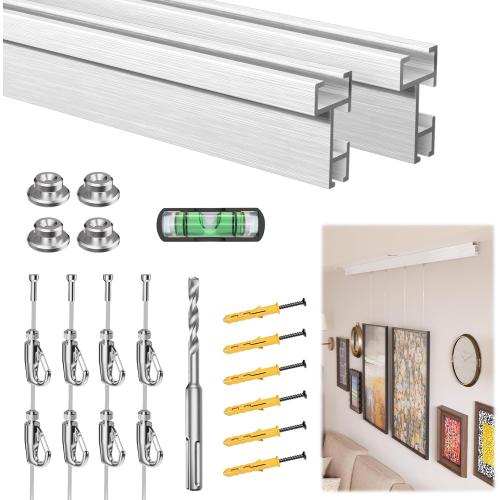 Picture Rail Hanging System 47 inch - Heavy Duty Picture Hanging Kit Mounted on Wall/Ceiling with 2 Picture Rails 47 inch, 4 Nylon Cords, 4 Hooks, Hardwares for Home, Office, Museum, Art Galleries
