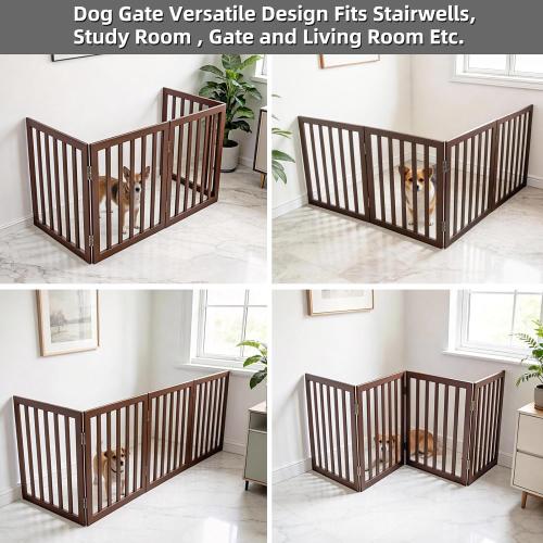 Dog Gate Indoor, Freestanding Dog Fence for The House, Doorways, Hallways,or Stairs,Pet Gate Foldable Wooden,Expandable 32 Height 4 Panels,Brown
