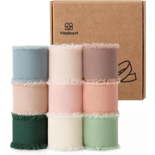 Vitalizart 1 x 27 Yd Chiffon Silk Ribbon Mixed Color Ribbons Set 3 Yd x 9 Rolls Fringe Fabric for Wedding Invitations Bridal Bouquets Party Decoration Gift Wrapping Bow Making