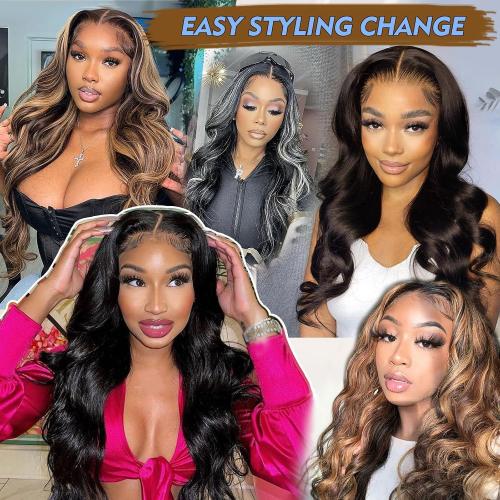 Body Wavy V Part Wig For Women Water Curly Black With Grey 24 Inch