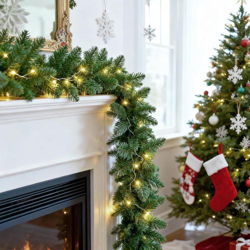 2 Pack Christmas Garlands with Lights, Artificial Pre-lit Garland Christmas for Stairs, 9FT Lighted Garlands with Timer, Battery Operated Christmas Garland for Mantle