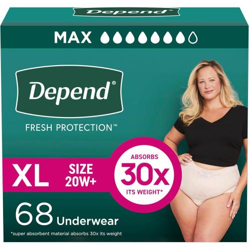 Set of 2 Depend Fresh Protection Adult Diapers, Incontinence & Postpartum Bladder Leak Underwear for Women, Disposable, Maximum, Extra-Large, Blush, 68 Count (2 Packs of 34), Packaging May Vary