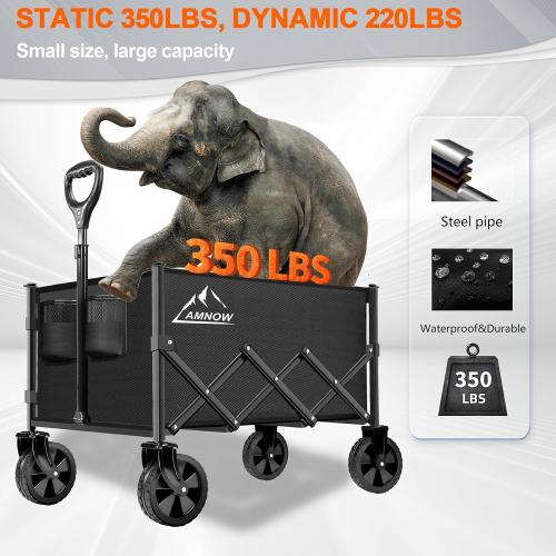 AMNOW 100L Collapsible Wagon Cart with All Terrain Wheels, 350LBS, Black | Rust-proof steel frame, 28×18×12in, only 13lbs, easy one-hand fold, garden camp beach trips