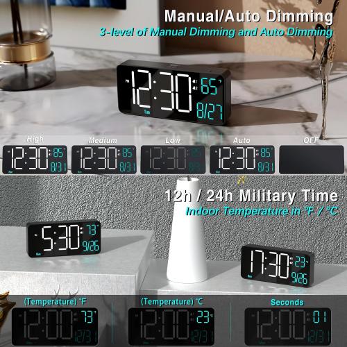 KOSUMOSU Alarm Clocks for Living Room, 6.7in Small Digital Clock for Bedroom, Auto Dimming,Date,Day of Week,Seconds or Indoor Temperature,Digital Alarm Clocks for Bedrooms,LED Desk Clock