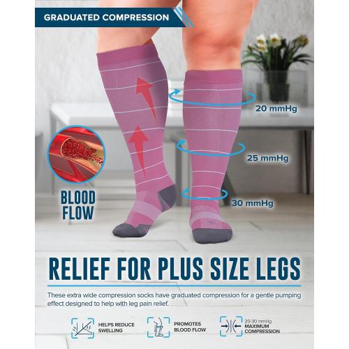 Doctor's Select 3 Pairs Plus Size Compression Socks Wide Calf - Up to 6XL | 20-30 mmHg Compression Socks for Women Wide Calf | Blue, Pink, Purple (Stripes)