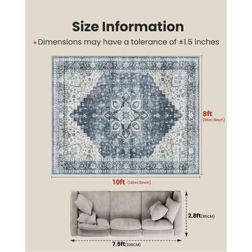 AMADA HOMEFURNISHING 8x10 Washable Area Rug, Low-Profile Large Area Rug with Non-Slip Backing & Durable Edge Binding, Vintage Large Rugs for Living Room, Bedroom, Dining Room