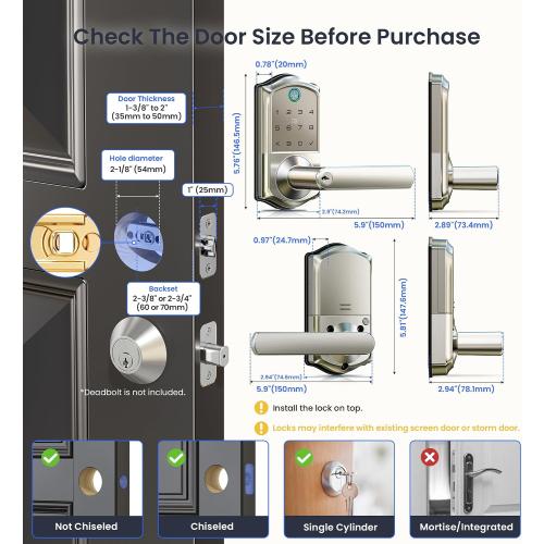Veise VE019 Fingerprint Smart Lever Lock - APP Control, Keypad Door Lock with Handle, Keyless Entry for Front Door and Bedroom, Electronic Digital Knob, Remote Grant, IP55 Weatherproof, Satin Nickel