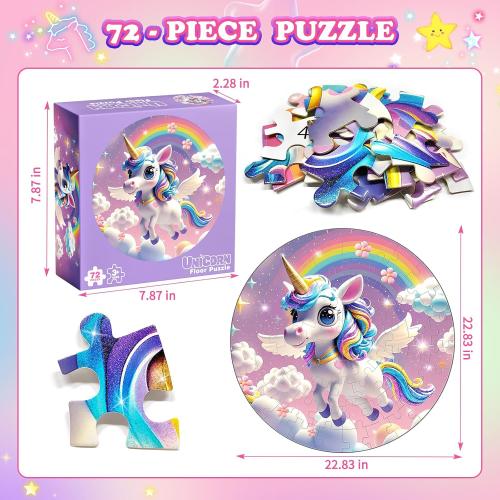 72 Pieces Shimmery Jumbo Unicorn Floor Puzzle for Girls 3-5 4-6 Age Floor Puzzles for Boys and Girls Large Round Floor Jigsaw Puzzles (Unicorn)