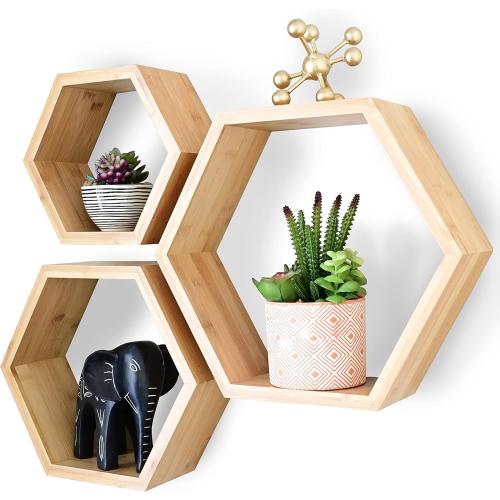 Bamboo Hexagon Floating Shelves For Wall Decor - Set Of 3 - Eco-friendly Honeycomb Shelves For Wall Mounted Hexagon Shelf Room Decor With Hanging Hardware, Wall Shelves, Hexagon Shelves For Home Decor