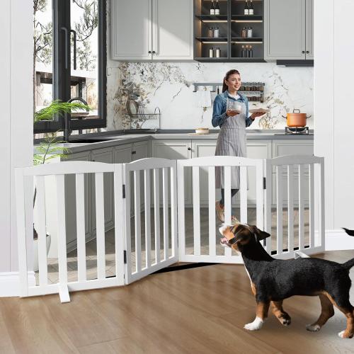 Freestanding Dog Gate Indoor,Doggie Gate Foldable Dog Gates for Doorways,Stairs or Hallways, Wooden White Pet Gate for the House, Pet Fence with Support Feet Included,24 Height-4 Panels