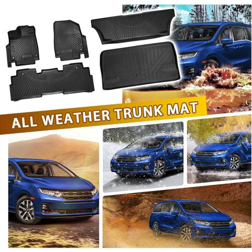 Powerty Floor Mats for Honda Odyssey 2026 2025-2018 Mini Passenger Van Car Mats, All Weather TPE Custom 1st 2nd & 3rd Rows Floor Liner and Cargo Liner Honda Odyssey Accessories (Floor Mats Trunk Mat)