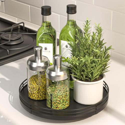 9 Oak Wood Lazy Susan Turntable Organizer, Lazy Susan for Cabinet Dining Table Pantry Wood Rotating Tray for Kitchen Countertop Coffee Table Decor Spinning Spice Can Organization and Storage Black