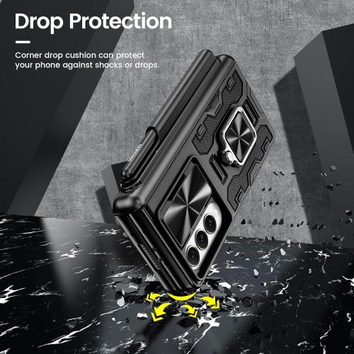 VEGO for Galaxy Z Fold 4 Case, with [S Pen Holder][Hinge Protection][360-degree Rotating Kickstand][Slide Camera Cover][Front HD Screen Protector] Protective Cover for Samsung Z Fold 4 - Black