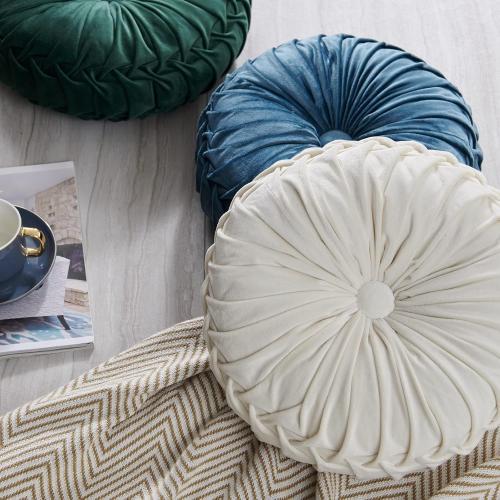 Round Throw Pillow Velvet Home Decoration Soft Pleated Pumpkin Round Floor Cushion for Couch Chair Bed Car Decorative (Light Green14inch)