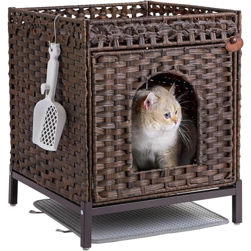 SETVSON Cat Litter Box Enclosure Hidden Litter Box Furniture with Metal Heightened Feet, Rattan Handwoven Cat House with Litter Mat, Hidden Litter Box Furniture for Bedroom Living Room Brown