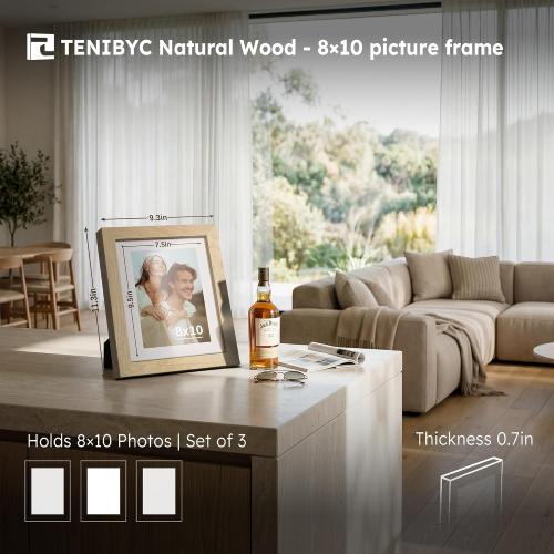 8x10 Picture Frame 3 Pack, Natural Wood, Real Glass, for Photo, Art