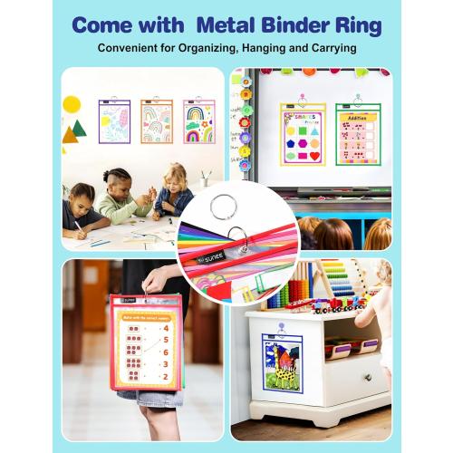 SUNEE 50 Packs Oversized Reusable Dry Erase Pocket Sleeves with 3 Rings, 10 Assorted Colors 10x14 Ticket Holders, Clear Plastic Sheet Protectors, Teacher School Classroom Supplies