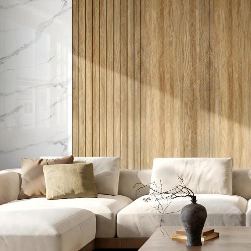 Chejiaye Wood Grain Peel and Stick 3D Wall Panel Soundproof Self-Adhesive Wall Sticker, Removable Thick PVC Slat Contact Paper for Kitchen